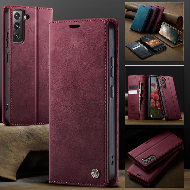 Funda CaseMe 033 para Samsung Galaxy S22 5G, forro de piel de becerro, microfibra, con bloqueo RFID (roja)