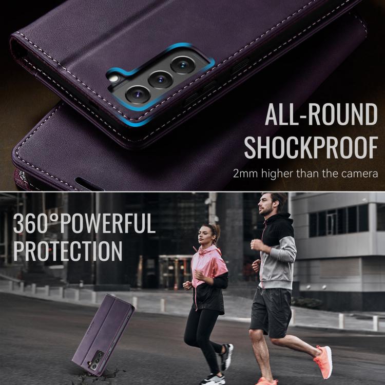 Funda para Samsung Galaxy S22 5G CaseMe 033 con forro de piel de becerro, microfibra y bloqueo RFID (morado)
