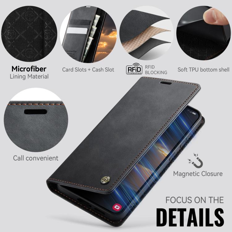 Funda CaseMe 033 para Samsung Galaxy S23 5G, forro de piel de becerro, microfibra y bloqueo RFID (negra)