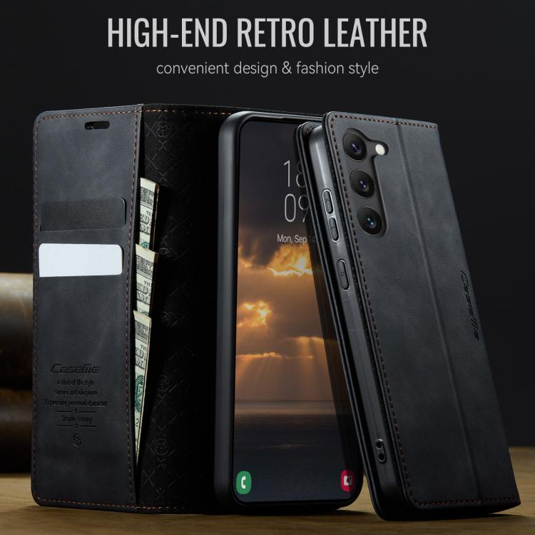Funda CaseMe 033 para Samsung Galaxy S23 5G, forro de piel de becerro, microfibra y bloqueo RFID (negra)
