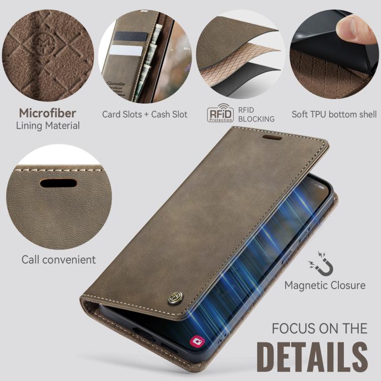 Funda CaseMe 033 para Samsung Galaxy S23 5G, forro de piel de becerro, microfibra y bloqueo RFID (café)