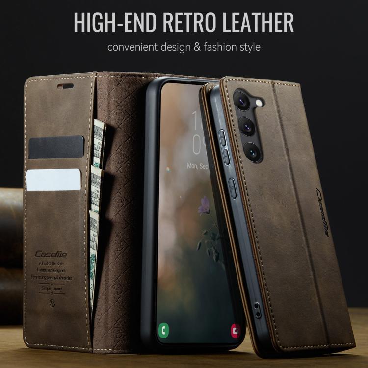 Funda CaseMe 033 para Samsung Galaxy S23 5G, forro de piel de becerro, microfibra y bloqueo RFID (café)