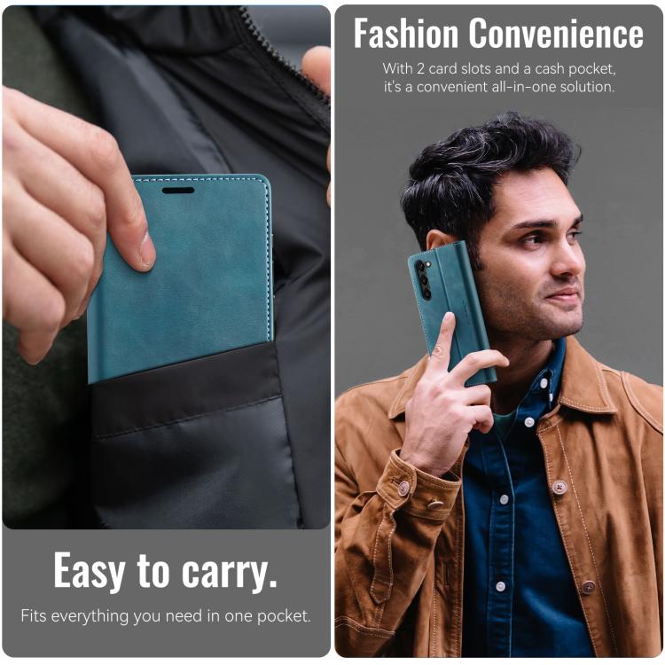 Funda CaseMe 033 para Samsung Galaxy S23 5G, forro de piel de becerro, microfibra y bloqueo RFID (verde)