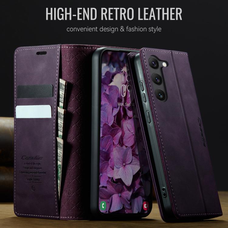 Funda CaseMe 033 para Samsung Galaxy S23 5G, forro de piel de becerro, microfibra, con bloqueo RFID (morado)