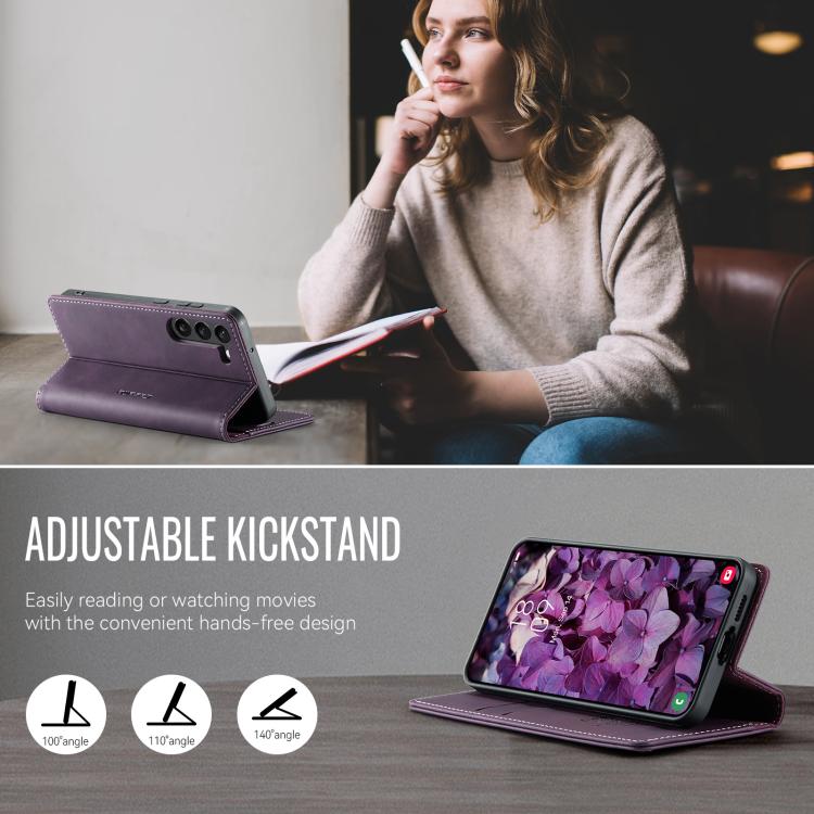 Funda CaseMe 033 para Samsung Galaxy S23 5G, forro de piel de becerro, microfibra, con bloqueo RFID (morado)