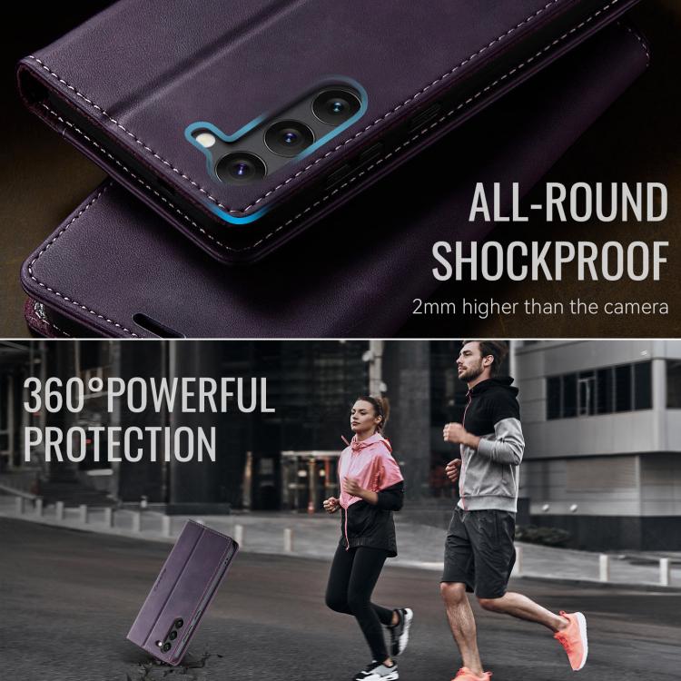 Funda CaseMe 033 para Samsung Galaxy S23 5G, forro de piel de becerro, microfibra, con bloqueo RFID (morado)