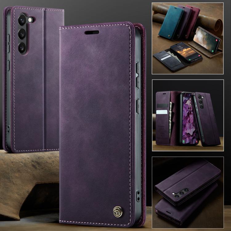Funda CaseMe 033 para Samsung Galaxy S23 5G, forro de piel de becerro, microfibra, con bloqueo RFID (morado)