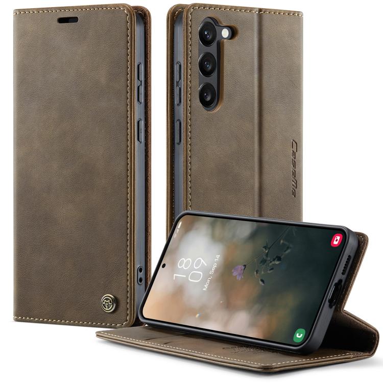 Funda CaseMe 033 para Samsung Galaxy S23+ 5G, forro de piel de becerro, microfibra, con bloqueo RFID (café)