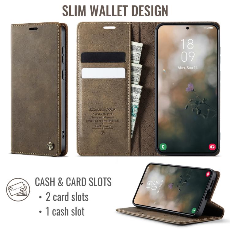 Funda CaseMe 033 para Samsung Galaxy S23+ 5G, forro de piel de becerro, microfibra, con bloqueo RFID (café)