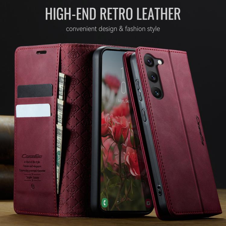 Funda CaseMe 033 para Samsung Galaxy S23+ 5G, forro de piel de becerro, microfibra, con bloqueo RFID (roja)