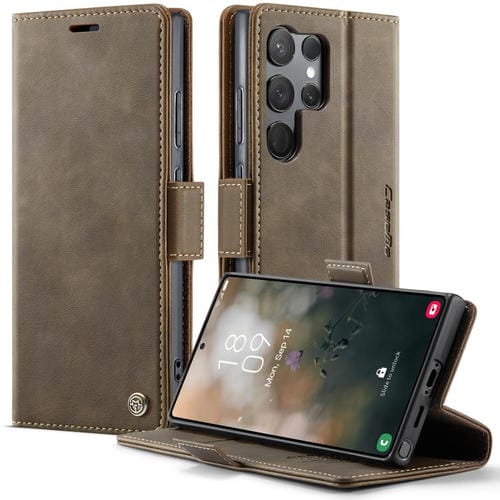 Funda CaseMe 033 para Samsung Galaxy S23 Ultra 5G, forro de piel de becerro, microfibra, con bloqueo RFID (café)