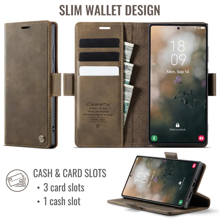 Funda CaseMe 033 para Samsung Galaxy S23 Ultra 5G, forro de piel de becerro, microfibra, con bloqueo RFID (café)