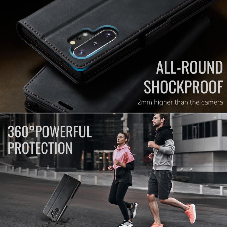 Funda CaseMe 033 para Samsung Galaxy Note10+, forro de piel de becerro, microfibra, con bloqueo RFID (negra)