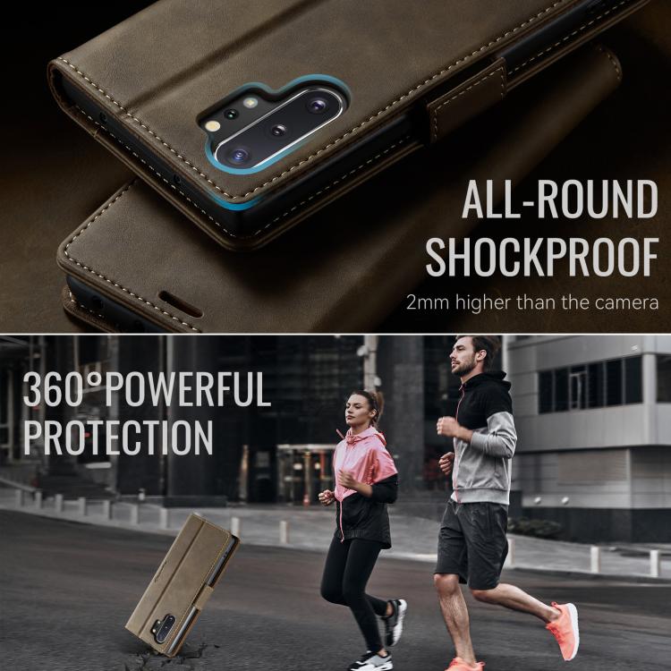 Funda CaseMe 033 para Samsung Galaxy Note10+, forro de piel de becerro, microfibra y bloqueo RFID (café)
