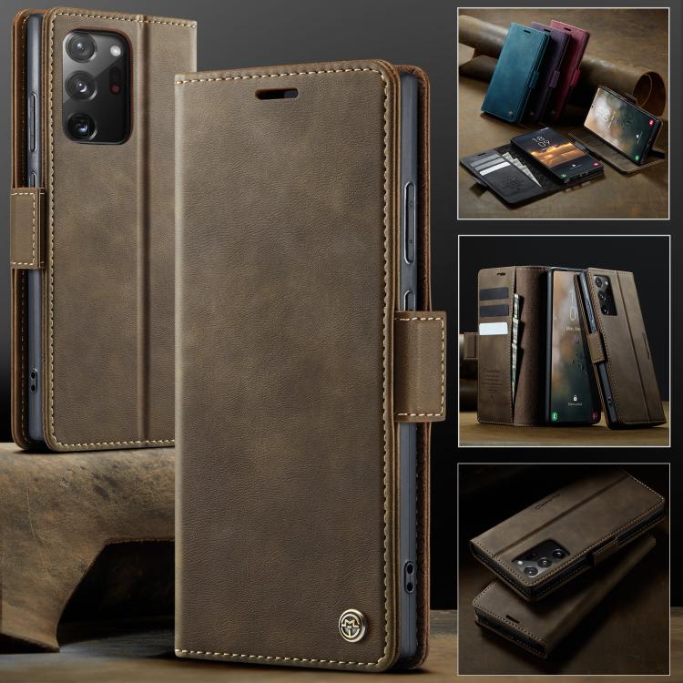 Funda CaseMe 033 para Samsung Galaxy Note20 Ultra, forro de piel de becerro, microfibra y bloqueo RFID (café)