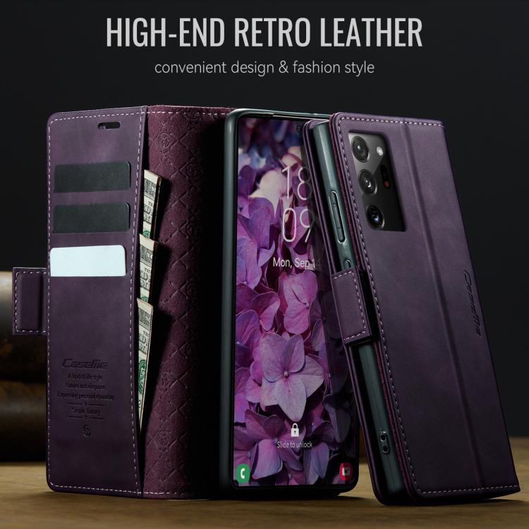 Funda CaseMe 033 para Samsung Galaxy Note20 Ultra, forro de piel de becerro, microfibra y bloqueo RFID (morado)