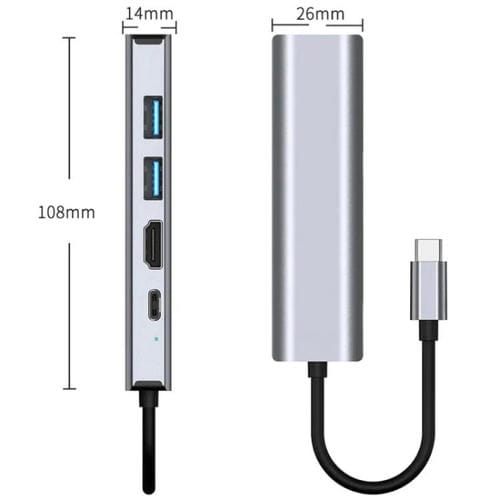 Adaptador Tipo-C 2403 Hub USB 5 en 1 RJ45 100M USB3.0 USB2.0 4K/30Hz HD PD100W