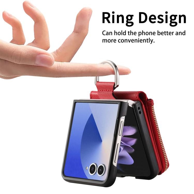 Funda tipo cartera con cremallera vertical y anillo con textura de lichi para Samsung Galaxy Z Flip7 5G (roja)