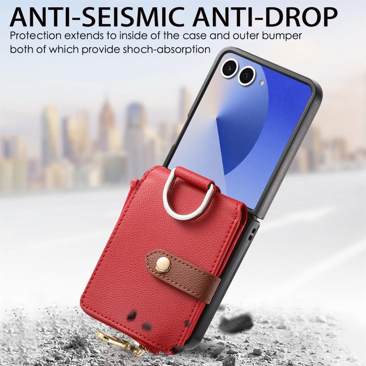 Funda tipo cartera con cremallera vertical y anillo con textura de lichi para Samsung Galaxy Z Flip7 5G (roja)