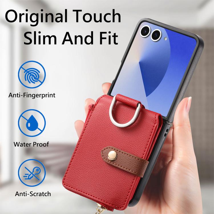 Funda tipo cartera con cremallera vertical y anillo con textura de lichi para Samsung Galaxy Z Flip7 5G (roja)