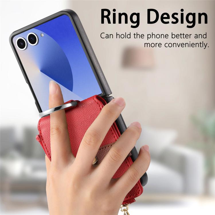 Funda tipo cartera con cremallera vertical y anillo con textura de lichi para Samsung Galaxy Z Flip7 5G (roja)