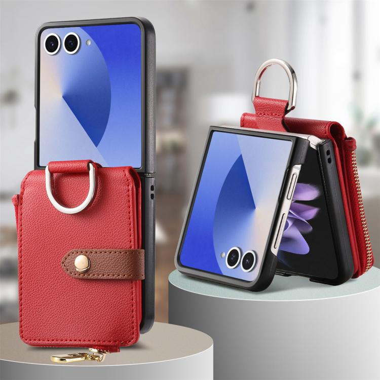 Funda tipo cartera con cremallera vertical y anillo con textura de lichi para Samsung Galaxy Z Flip7 5G (roja)
