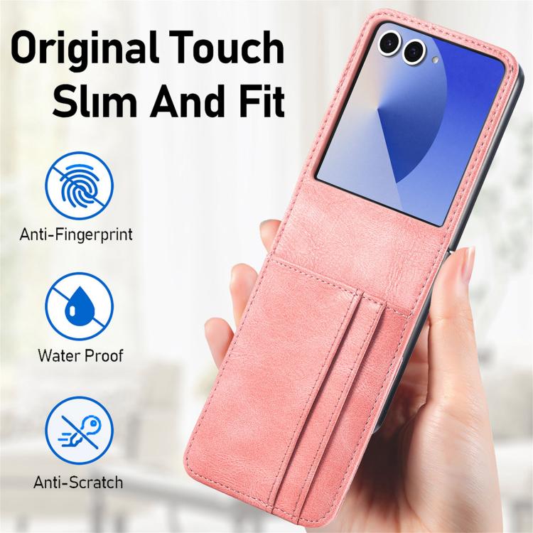 Funda de cuero con ranura para tarjetas y tapa vertical para Samsung Galaxy Z Flip7 5G (rosa)