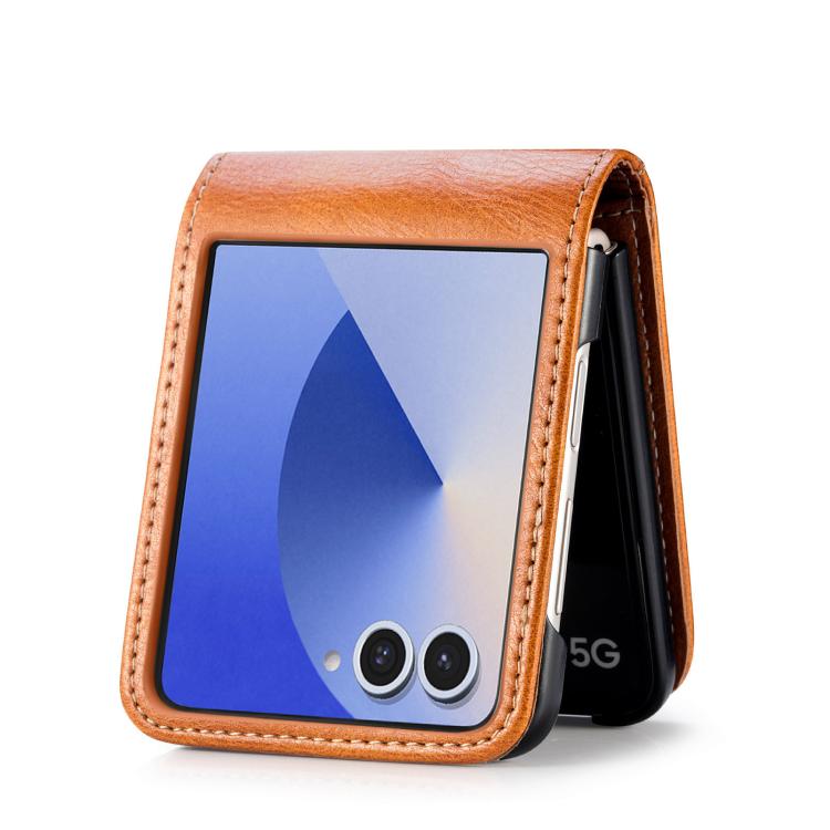 Funda de cuero con ranura para tarjetas y tapa vertical para Samsung Galaxy Z Flip7 5G (marrón)