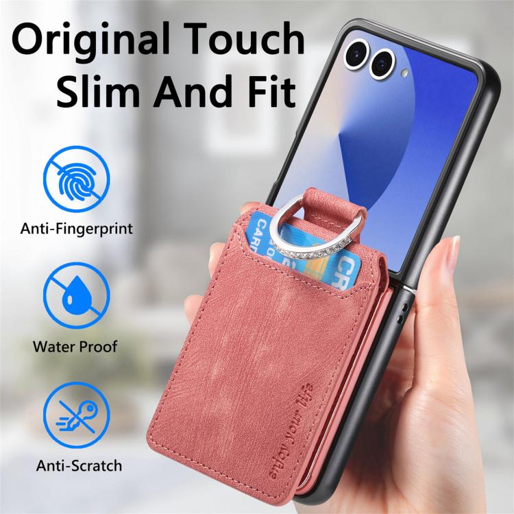 Funda tipo cartera con tapa vertical y anillo de cuero retro para Samsung Galaxy Z Flip7 5G (rosa)