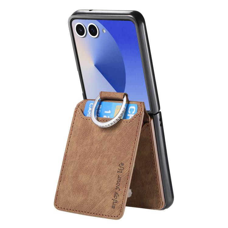 Funda tipo cartera con tapa vertical y anillo de cuero retro para Samsung Galaxy Z Flip7 5G (marrón)