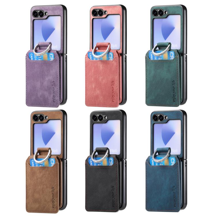 Funda tipo cartera con tapa vertical y anillo de cuero retro para Samsung Galaxy Z Flip6 5G (negra)