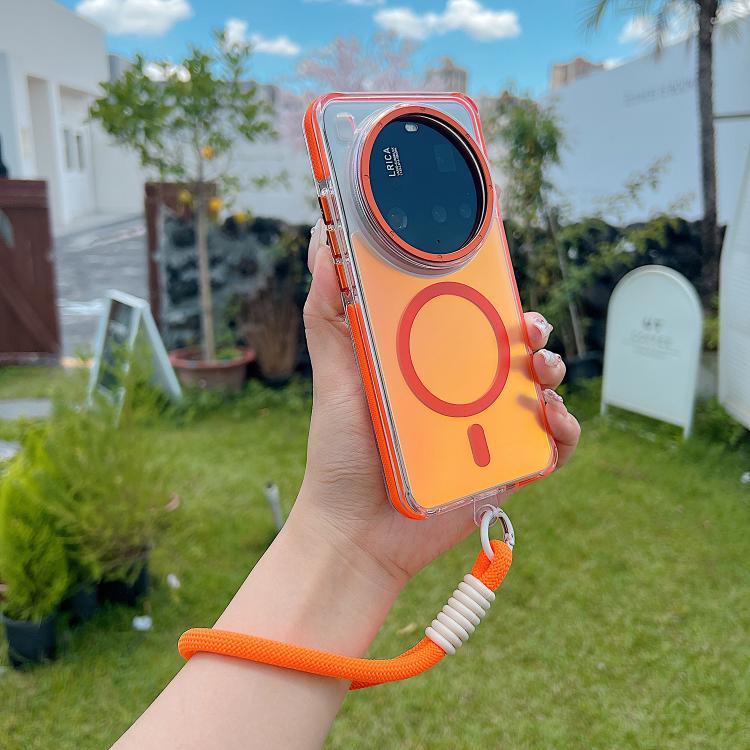 Funda híbrida de TPU acrílico transparente de dos colores con MagSafe y correa para Xiaomi 15 Ultra (naranja)