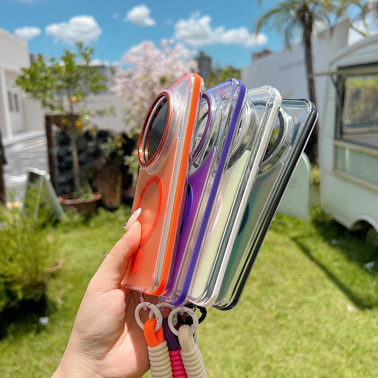 Funda híbrida de TPU acrílico transparente de dos colores con MagSafe y correa para Xiaomi 15 Ultra (naranja)