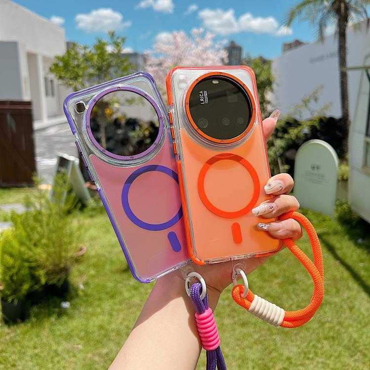 Funda híbrida de TPU acrílico transparente de dos colores con MagSafe y correa para Xiaomi 15 Ultra (naranja)
