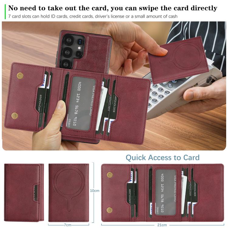 Funda de cuero plegable triple con imán fuerte MagSafe para Samsung Galaxy S25 Ultra 5G (rojo)