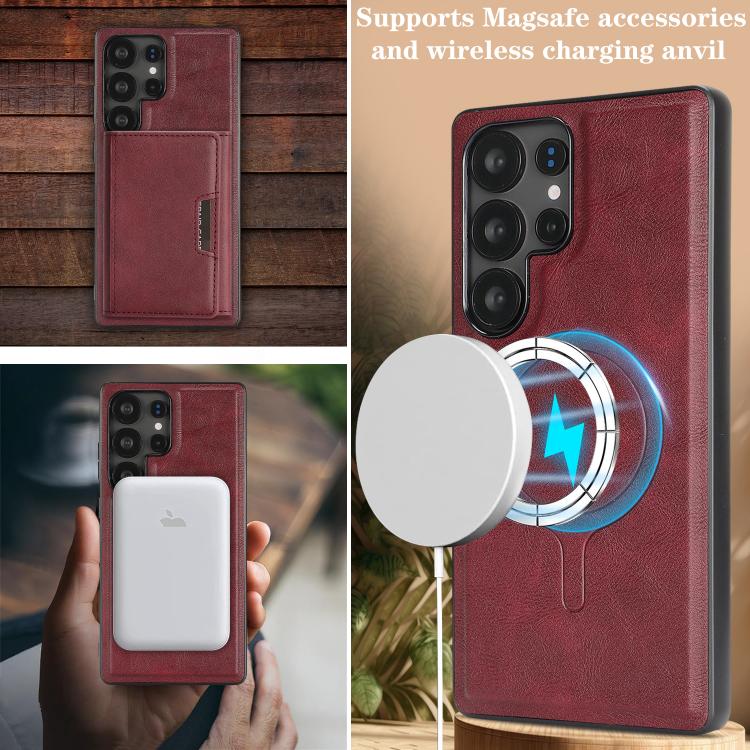 Funda de cuero plegable triple con imán fuerte MagSafe para Samsung Galaxy S25 Ultra 5G (rojo)