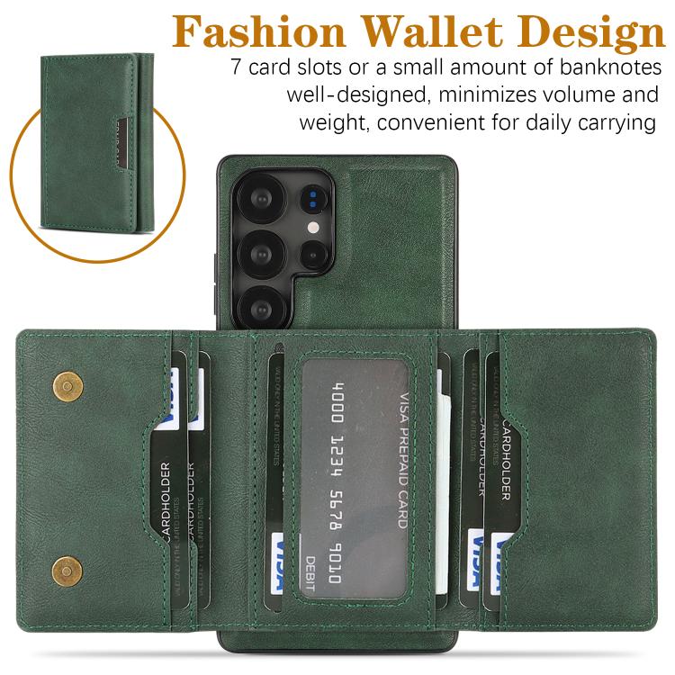 Funda de cuero plegable triple Kalebol con imán fuerte MagSafe para Samsung Galaxy S24 Ultra 5G (verde)