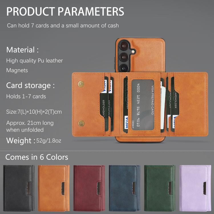 Funda de cuero plegable triple Kalebol con imán fuerte MagSafe para Samsung Galaxy S24+ 5G (marrón)