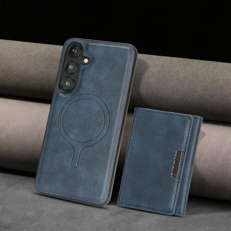 Funda de cuero plegable triple Kalebol con imán fuerte MagSafe para Samsung Galaxy S24 5G (azul)