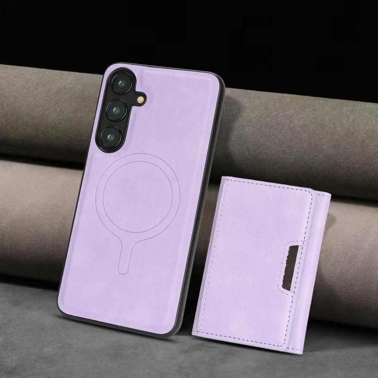 Funda de cuero plegable triple Kalebol con imán fuerte MagSafe para Samsung Galaxy S23+ 5G (morado)