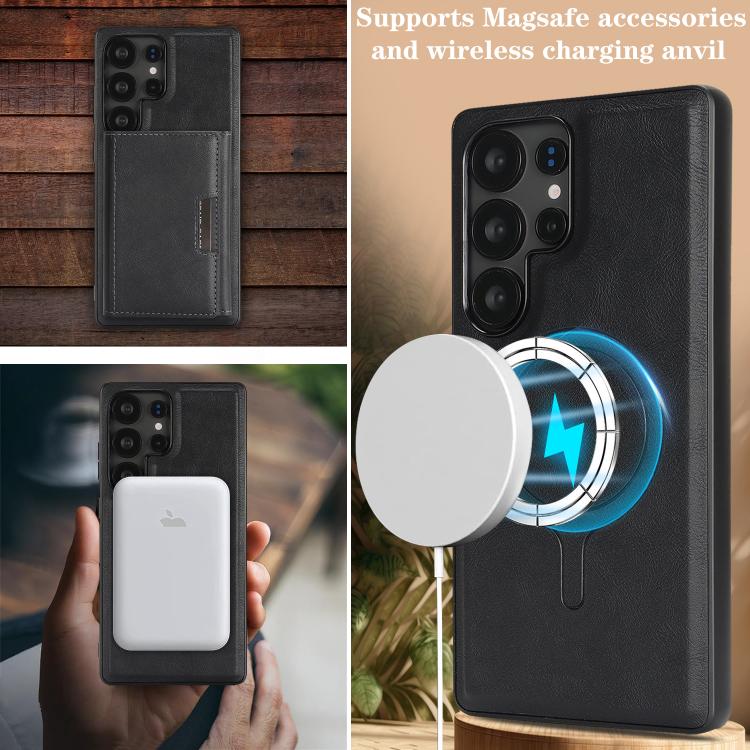 Funda de cuero plegable triple con imán fuerte MagSafe para Samsung Galaxy S22 Ultra 5G (negro)