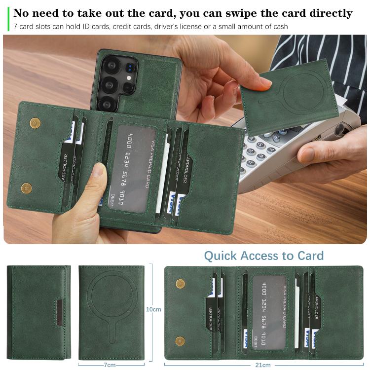 Funda de cuero plegable triple con imán fuerte MagSafe para Samsung Galaxy S22 Ultra 5G (verde)