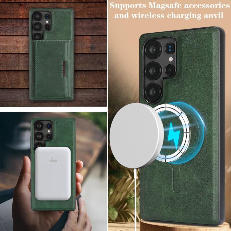 Funda de cuero plegable triple con imán fuerte MagSafe para Samsung Galaxy S22 Ultra 5G (verde)
