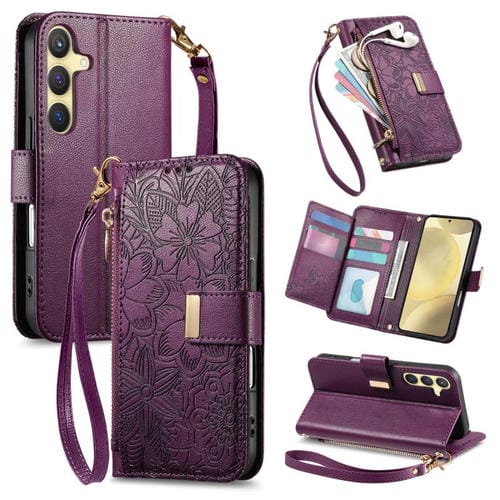 Funda de cuero con cremallera y correa para Samsung Galaxy S24 5G, diseño de flores y hojas (morado)