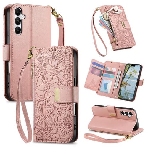 Funda de cuero con cremallera y correa para Samsung Galaxy A15, diseño de flores y hojas (rosa)
