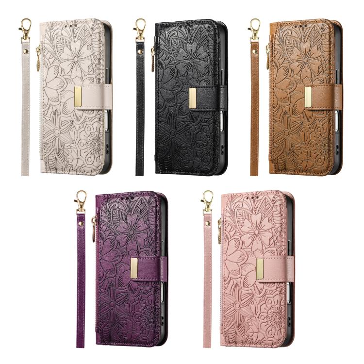 Funda de cuero con cremallera y correa para Samsung Galaxy S25+ 5G, diseño de flores y hojas (marrón)