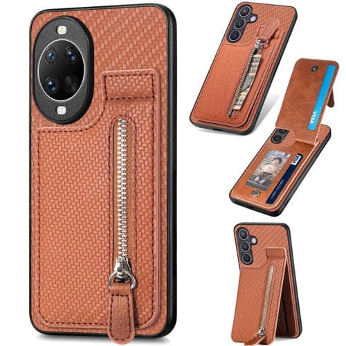 Funda de fibra de carbono con cierre vertical y cremallera para Huawei Nova 14 (marrón)