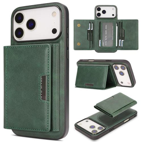 Funda de cuero plegable triple Kalebol con imán fuerte MagSafe para iPhone 17 Pro (verde)