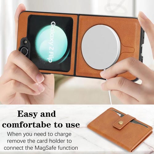 Funda de cuero con anillo MagSafe y botón magnético para Samsung Galaxy Z Flip6 (marrón)