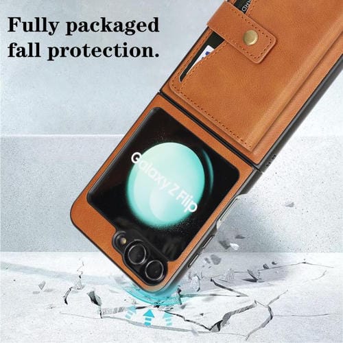 Funda de cuero con anillo MagSafe y botón magnético para Samsung Galaxy Z Flip6 (marrón)